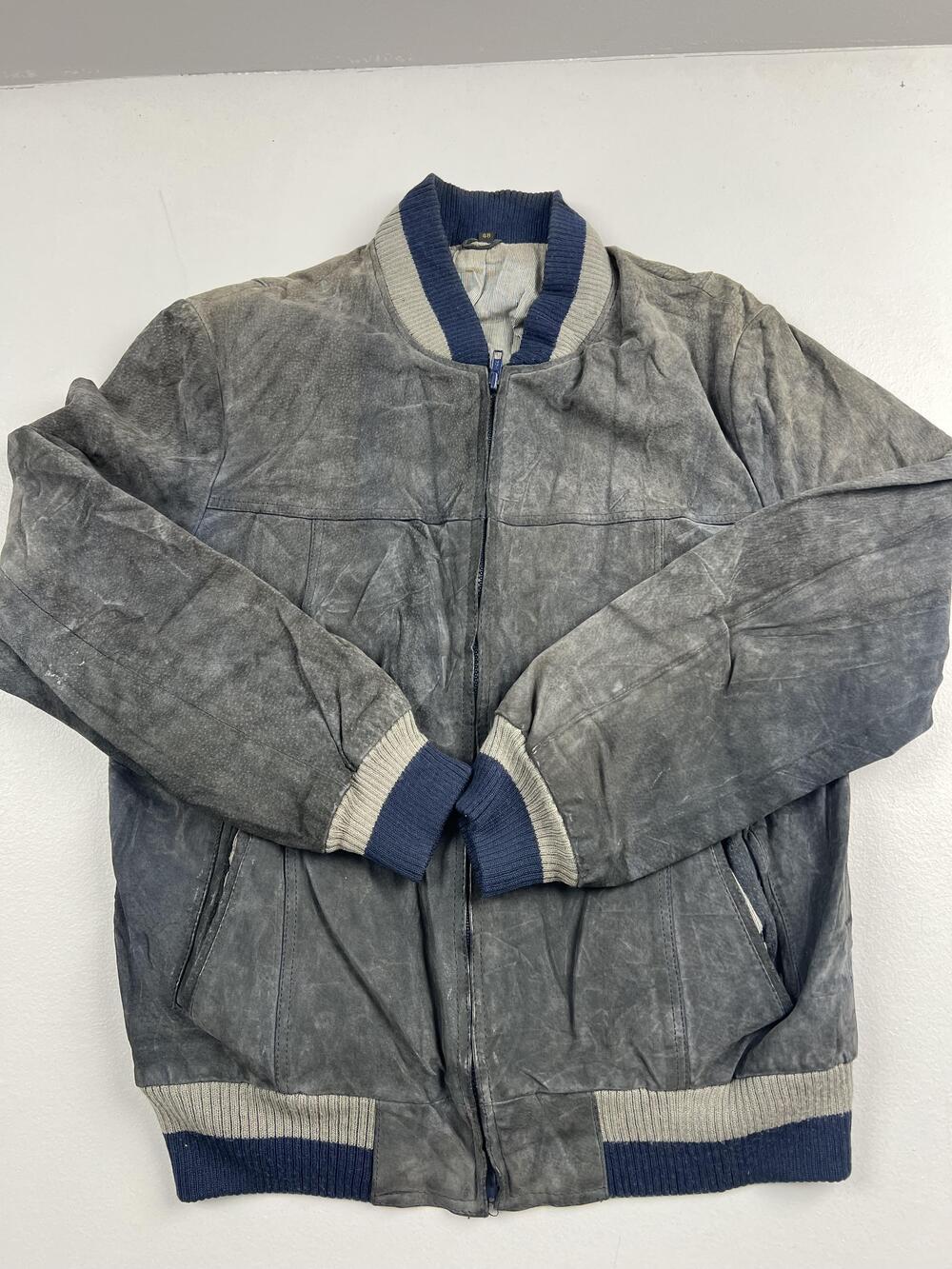 Jacket Mens 48 Gray Leather Bomber Full Zip Knit Trim Lined Casual Fall Read